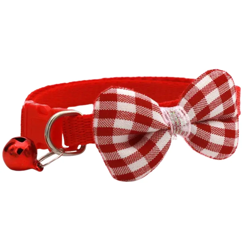 Adjustable Plaid Cat Collar With Red Bow Tie