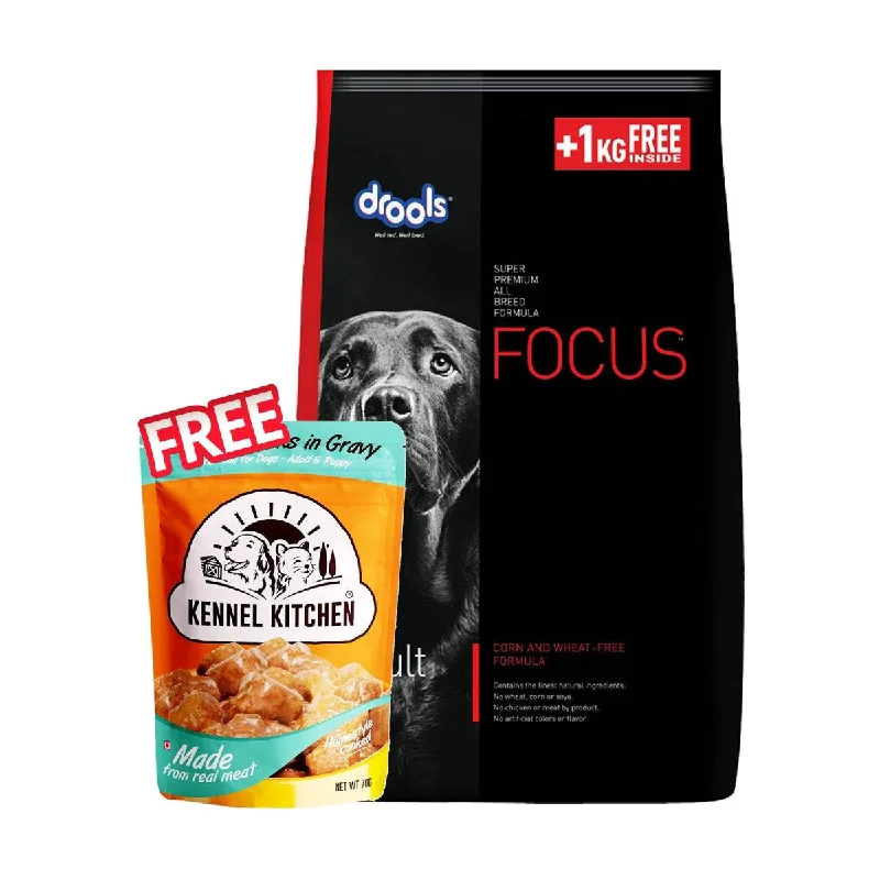 Drools Focus Super Premium 12kg with Kennel Kitchen Puppy Chicken Chunks in Gravy 70g (Free)