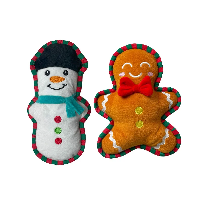 Squeaky Snowman & Gingerbread Duo | Gift Set of 2 Christmas Soft Dog Toys by Happy Pet