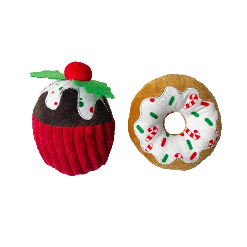 Christmas Donut & Pudding | Pack of 2 Christmas Soft Dog Toys by Happy Pet