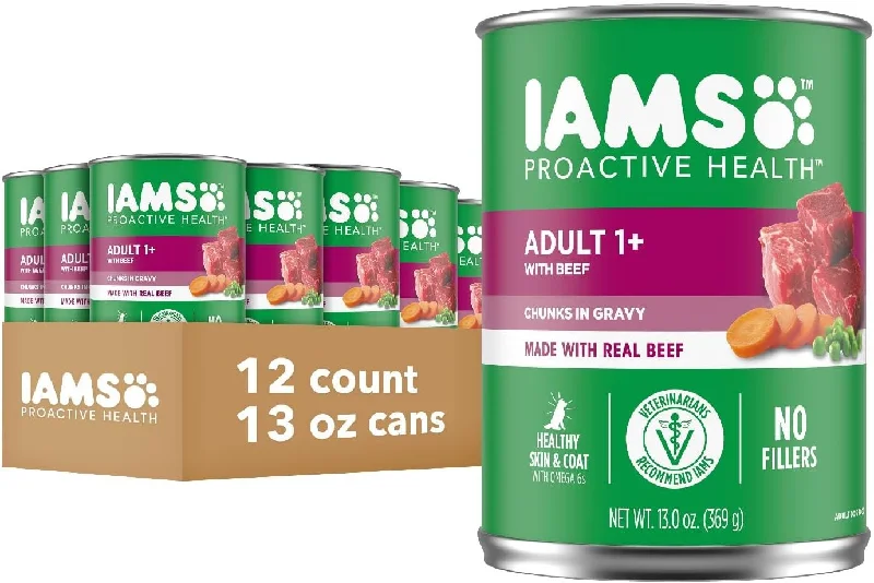 Iams Proactive Health Beef Chunks in Gravy Canned Wet Dog Food, 13-oz can, case of 12