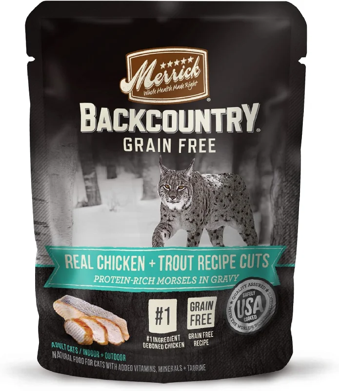 Merrick Backcountry Grain-Free Real Chicken & Trout Recipe Cuts Morsels in Gravy Cat Food Pouches (Pack of 24) 3 oz. Pouches