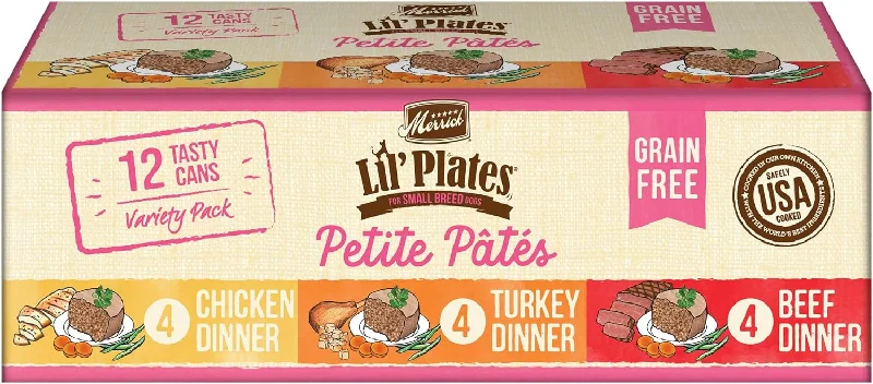 Merrick Lil' Plates Petite Pates Grain-Free Small Breed Wet Dog Food, Variety Pack, 3-oz can, case of 12