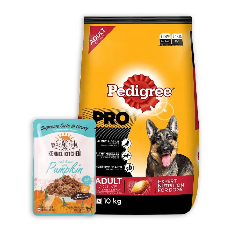 Pedigree PRO Expert Nutrition for Active Adult Large Breed Dogs with Kennel Kitchen Puppy Supreme Cuts in Gravy Fish with Pumpkin 100g