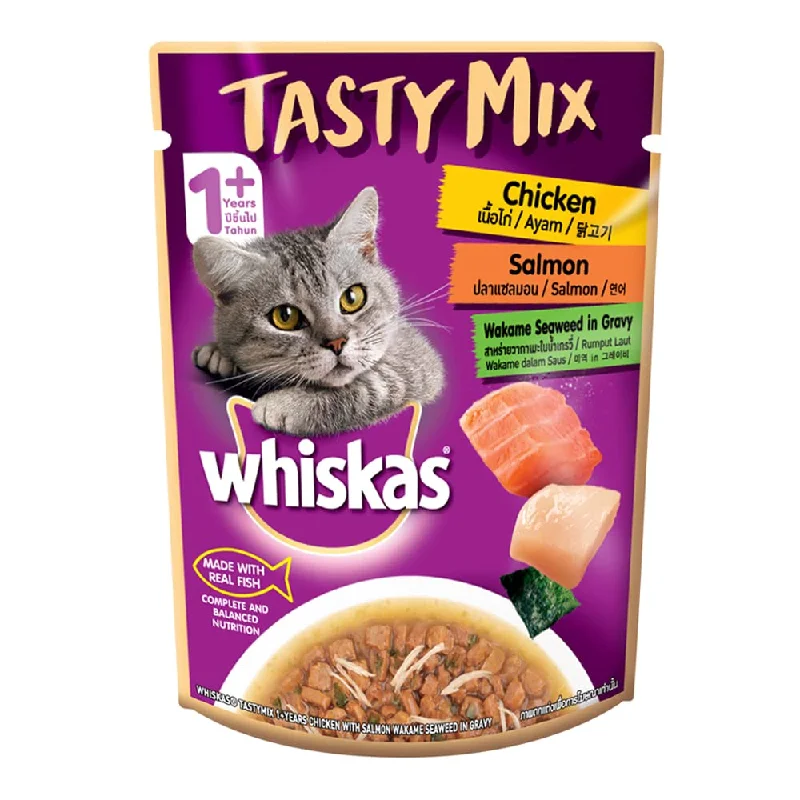 Whiskas, Adult (1+ year) Tasty Mix Wet Cat Food Made With Real Fish, Chicken With Salmon Wakame Seaweed in Gravy - 70g Pouch