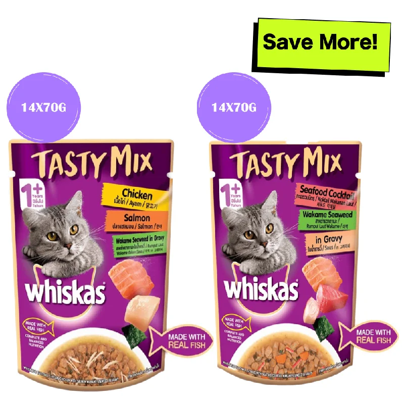 Whiskas Chicken With Salmon and Seafood Cocktail Wakame Seaweed in Gravy Tasty Mix Adult Cat Wet Food Combo