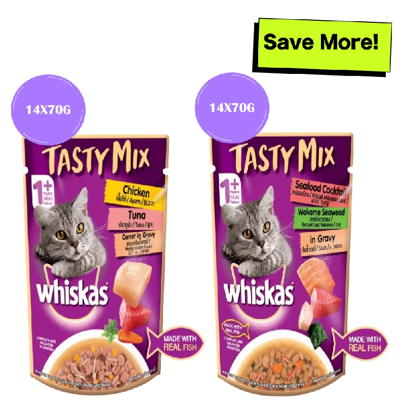 Whiskas Chicken With Tuna & Carrot and Seafood Cocktail Wakame Seaweed in Gravy Tasty Mix Adult Cat Wet Food Combo