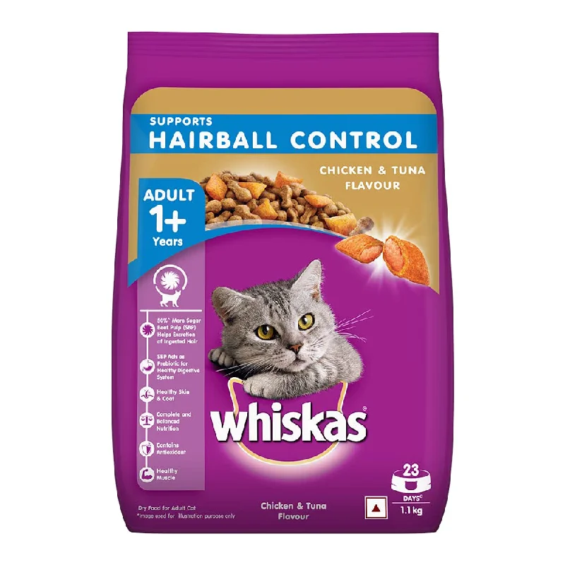 Whiskas, Dry Cat Food for Adult Cats (1+ Years), Supports Hairball Control, Chicken & Tuna Flavour, 1.1 kg